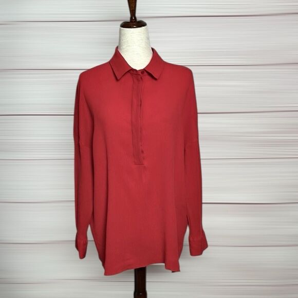 COS Red Long Sleeve Blouse Collared Top Tunic Rayon Stretch Oversized US L - Picture 1 of 9